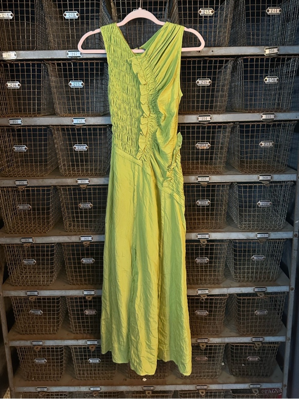 Anthropologie Lime Green Asymmetrical Smocked Bodice Midi Dress 38544 - Picture 5 of 12